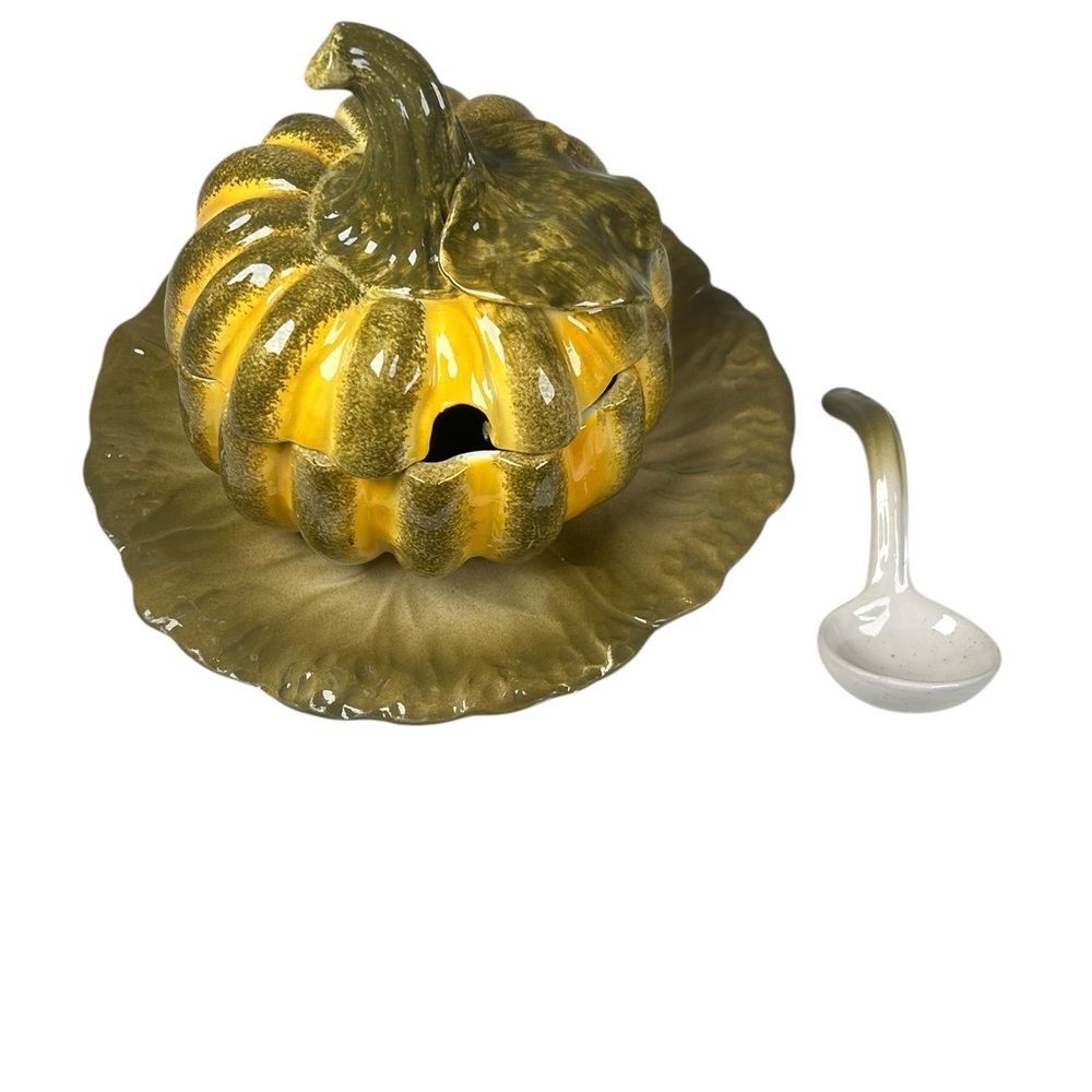 Vintage Italian Majolica Pumpkin Tureen With Plate And Spoon